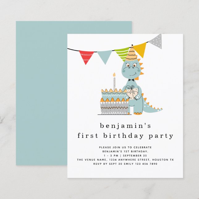 Lámina Invitación de cumpleaños 1.ᵉʳ pastel de dinosaurio (Anverso / Reverso)