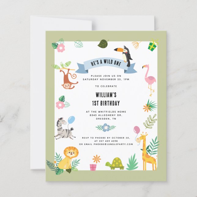 Lámina Invitación de cumpleaños 1° a animales de la jungl (Anverso)