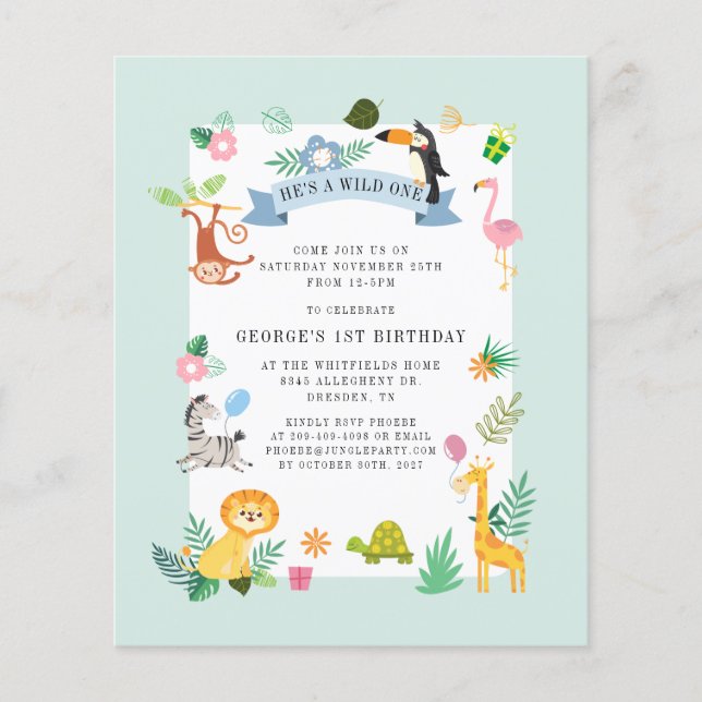 Lámina Invitación de cumpleaños 1° a animales de la jungl (Anverso)