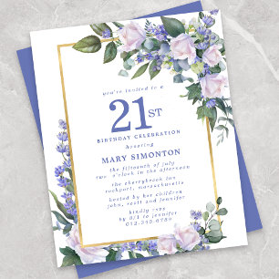 Lámina Invitación de cumpleaños 21ª Floral blanca azul pr