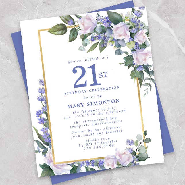 Lámina Invitación de cumpleaños 21ª Floral blanca azul pr (Subido por el creador)