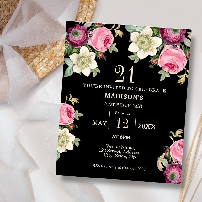 Lámina Invitación de cumpleaños 21 a Black Floral (Subido por el creador)