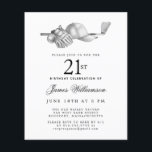 Lámina Invitación de cumpleaños 21 al Golf Blanco Negro d<br><div class="desc">Elegante invitación de cumpleaños en blanco y negro para un golfista. La parte superior de la invitación está decorada con accesorios de golf: un club de golf, una pelota de golf, un gorra y guantes. La acuarela crea una estética tradicional y clásica. Perfecto para una fiesta de cumpleaños en el...</div>