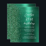 Lámina Invitación de cumpleaños 21 al Green Glam de Esmer<br><div class="desc">El borde izquierdo de esta moderna invitación a la fiesta de cumpleaños incluye un borde falso purpurina verde esmeralda. El texto de personalizable combina guiones blancos y sans serif en un fondo metalizado de imitación verde esmeralda. El reverso presenta un diseño similar.</div>