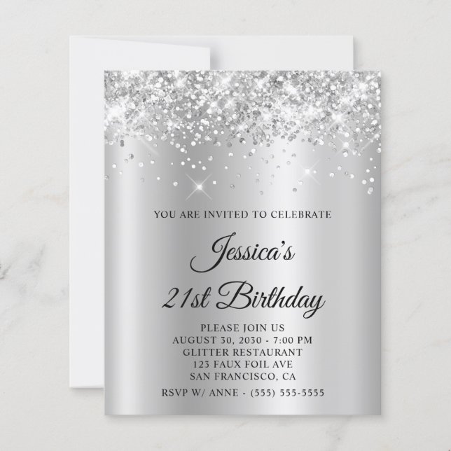 Lámina Invitación de cumpleaños 21 brillo plateado gris c (Anverso)