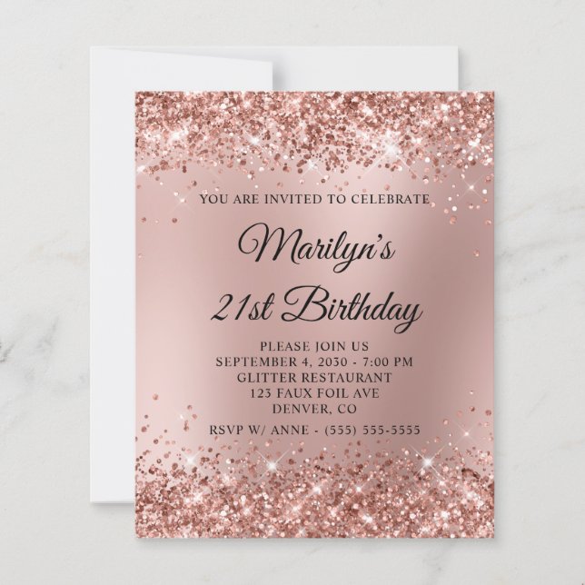 Lámina Invitación de cumpleaños 21 brillo rosa dorado (Anverso)