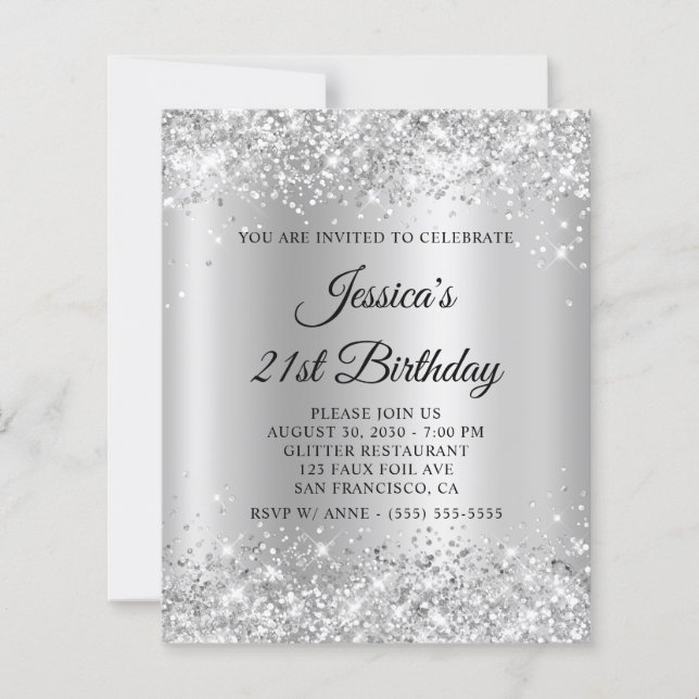 Lámina Invitación de cumpleaños 21 con brillo plateado (Anverso)