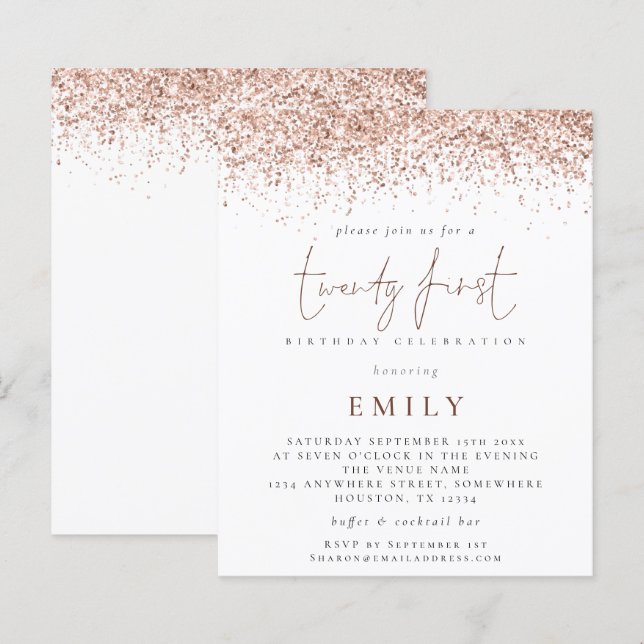 Lámina Invitación de cumpleaños 21 con purpurina de rosa  (Anverso / Reverso)