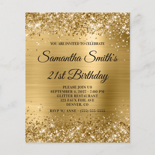 Lámina Invitación de cumpleaños 21 Glam Glittery Gold pre (Anverso)