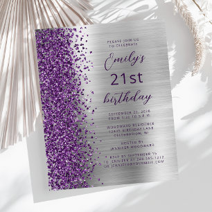 Lámina Invitación de cumpleaños 21 Glam Purple Silver Pre