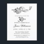 Lámina Invitación de cumpleaños 30 al Golf Blanco Negro d<br><div class="desc">Elegante invitación de cumpleaños en blanco y negro para un golfista. La parte superior de la invitación está decorada con accesorios de golf: un club de golf, una pelota de golf, un gorra y guantes. La acuarela crea una estética tradicional y clásica. Perfecto para una fiesta de cumpleaños en el...</div>