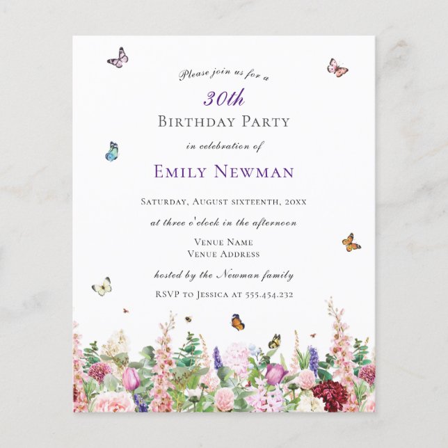 Lámina Invitación de cumpleaños 30 de Budget Elegant Flor (Anverso)