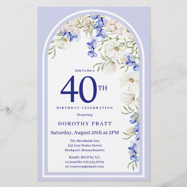 Lámina Invitación de cumpleaños 40 a la Floral azul blanc (Anverso)