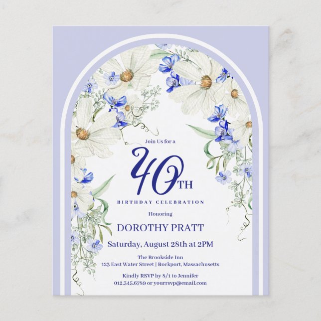 Lámina Invitación de cumpleaños 40 a la Floral azul blanc (Anverso)