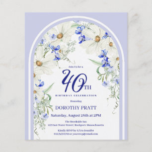 Lámina Invitación de cumpleaños 40 a la Floral azul blanc