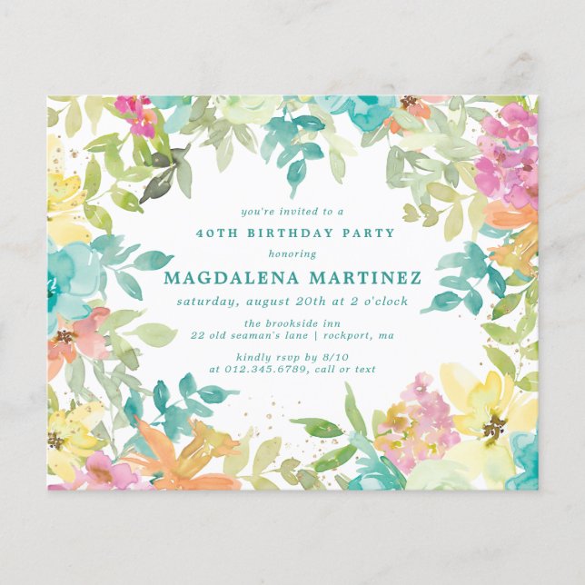 Lámina Invitación de cumpleaños 40 a la Floral de verano  (Anverso)