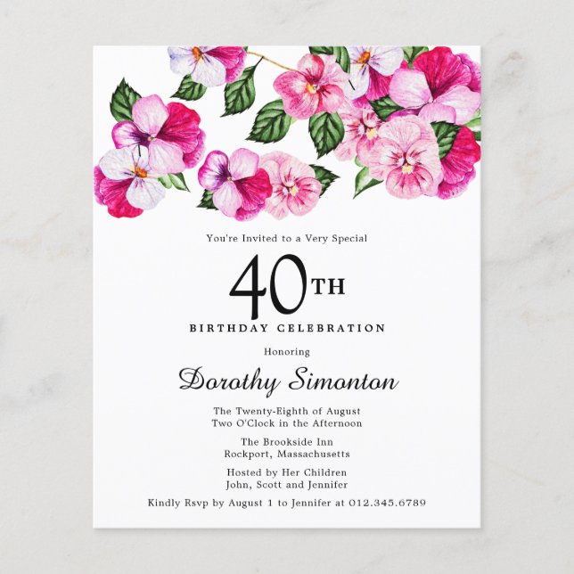 Lámina Invitación de cumpleaños 40 de Budget Pink White F (Anverso)