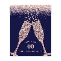 Invitación de cumpleaños 40 Purpurina de champagne