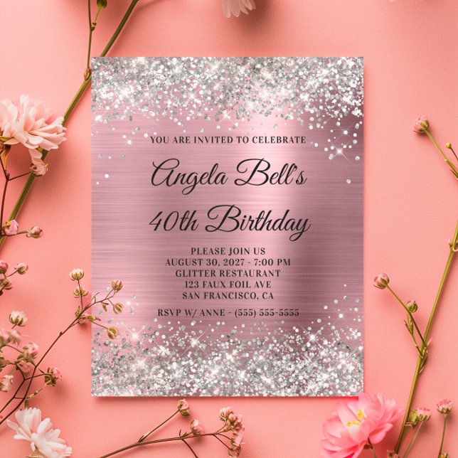 Lámina Invitación de cumpleaños 40 Purpurina de plata de  (Budget Silver Glitter Pink 40th Birthday Invite)