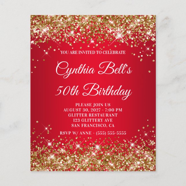 Lámina Invitación de cumpleaños 50 con gradiente rojo y b (Anverso)