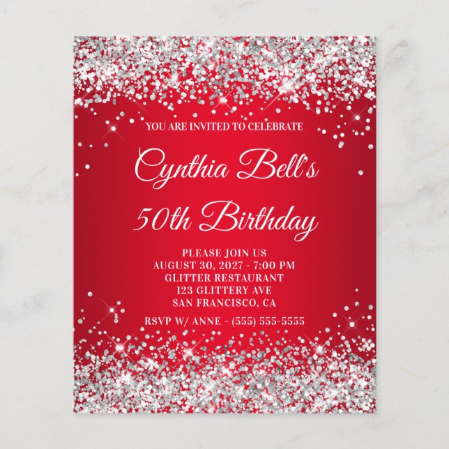 Lámina Invitación de cumpleaños 50 con gradiente rojo y b (Anverso)