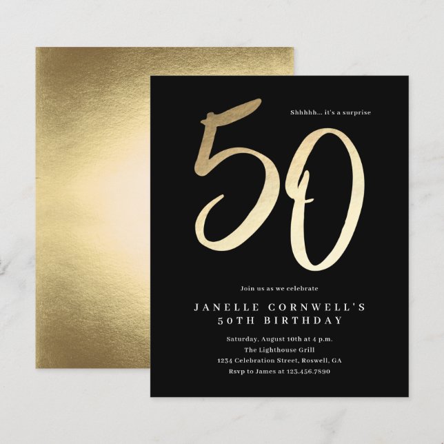 Lámina Invitación de cumpleaños 50 de Budget Modern Gold  (Anverso / Reverso)