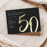 Lámina Invitación de cumpleaños 50 de Budget Modern Gold<br><div class="desc">La minimalista y moderna invitación a la fiesta de cumpleaños número 50 incluye el elegante Relieve metalizado de oro falso número manuscrito 50 y los detalles de su fiesta en el clásico tipo de letra serif en color de fondo negro, simple y elegante, gran sorpresa invitación de cumpleaños para adultos...</div>