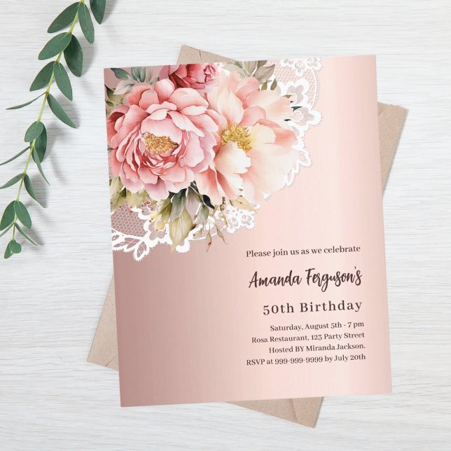 Lámina Invitación de cumpleaños 50 de Rose gold florals (Subido por el creador)