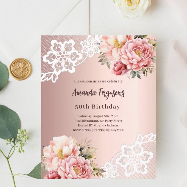 Lámina Invitación de cumpleaños 50 de Rose gold florals (Subido por el creador)