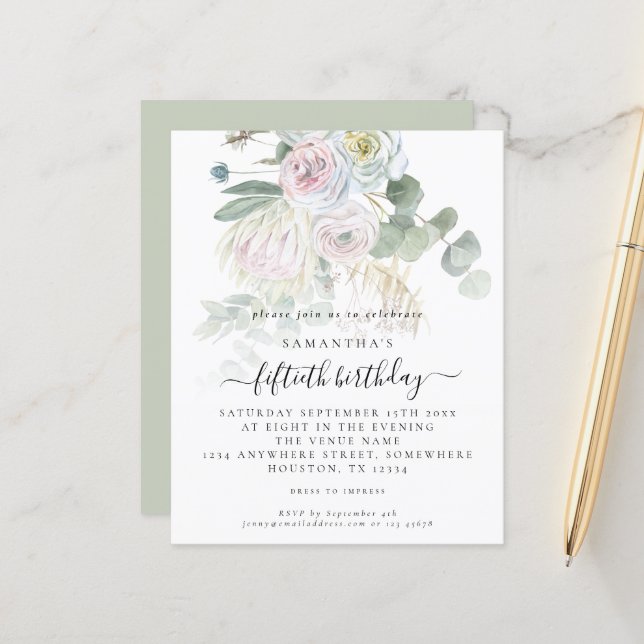 Lámina Invitación de cumpleaños 50 del Boho Boho Floral E (Anverso/Reverso In Situ)