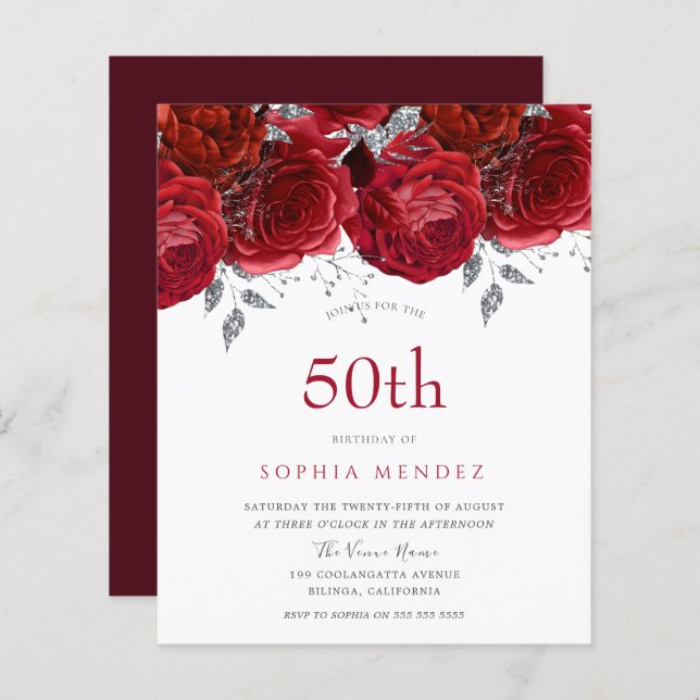 Lámina Invitación de cumpleaños 50 roses rojos románticos (Anverso / Reverso)
