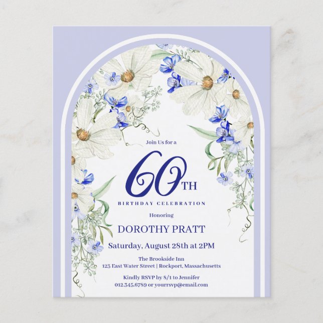 Lámina Invitación de cumpleaños 60 a la Floral azul blanc (Anverso)