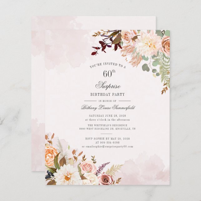 Lámina Invitación de cumpleaños 60 a presupuesto floral (Anverso / Reverso)