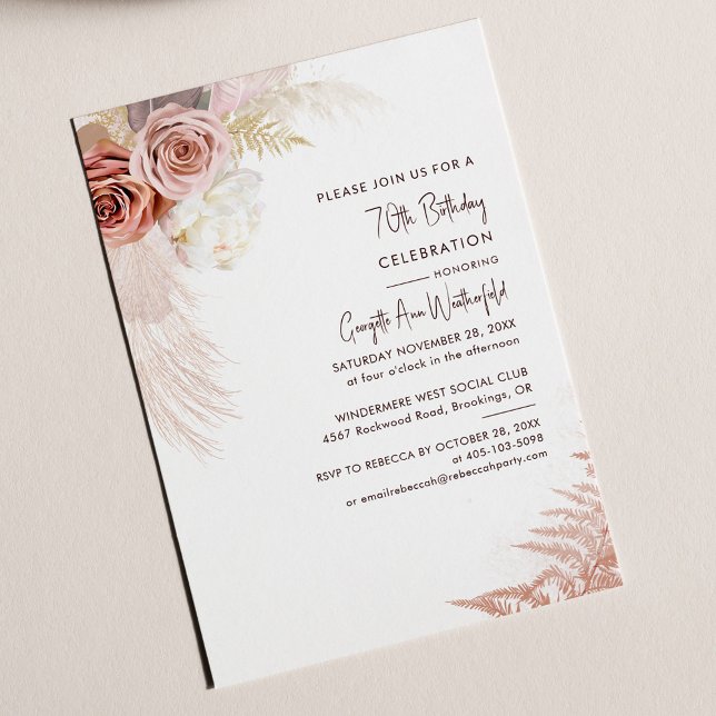 Lámina Invitación de cumpleaños 70 a Floral Pampas Grass (Pampas Grass Script 70th Birthday Party Invitation)