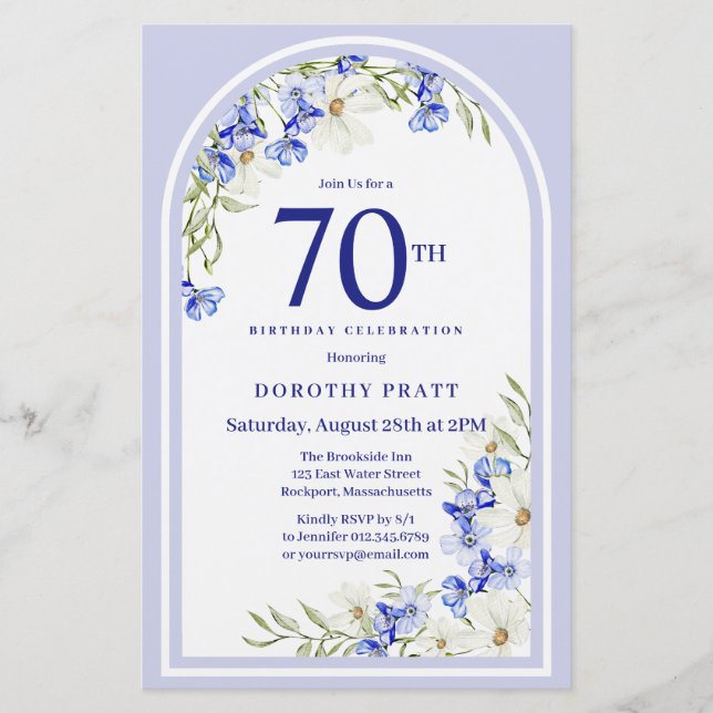 Lámina Invitación de cumpleaños 70 a la Floral azul blanc (Anverso)