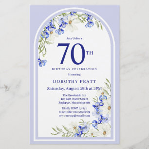 Lámina Invitación de cumpleaños 70 a la Floral azul blanc