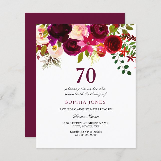 Lámina Invitación de cumpleaños 70 a presupuesto rojo de  (Anverso / Reverso)