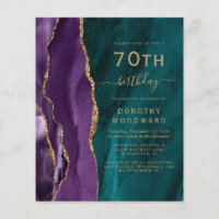 Invitación de cumpleaños 70 con agata púrpura dora