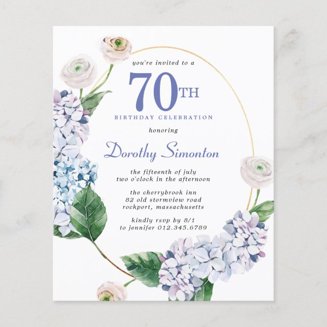 Lámina Invitación de cumpleaños 70 de Budget Hydrangea Ro (Anverso)
