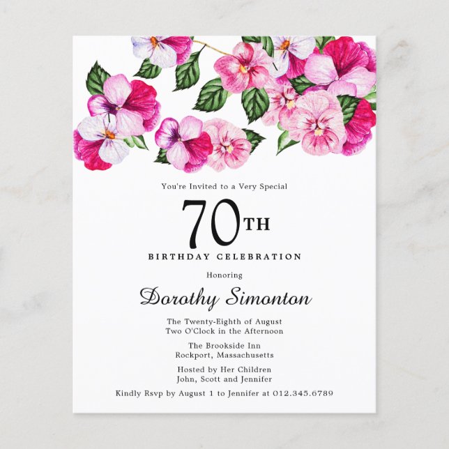Lámina Invitación de cumpleaños 70 de Budget Pink White F (Anverso)