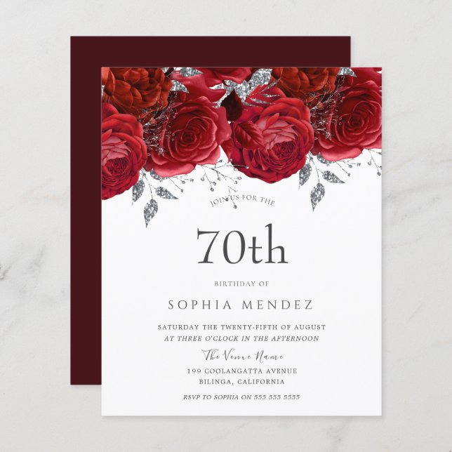 Lámina Invitación de cumpleaños 70 roses rojos románticos (Anverso / Reverso)