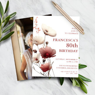 Lámina Invitación de cumpleaños 80 a la amapola blanca y 