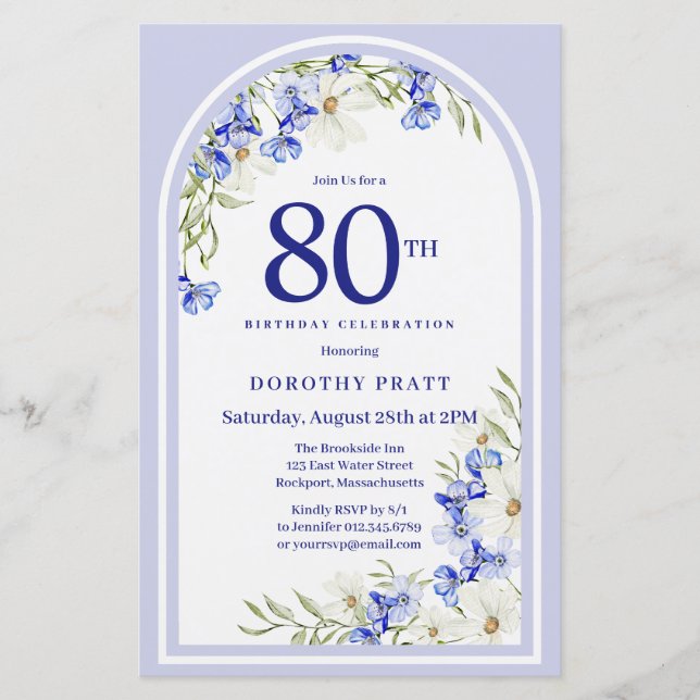 Lámina Invitación de cumpleaños 80 a la Floral azul blanc (Anverso)