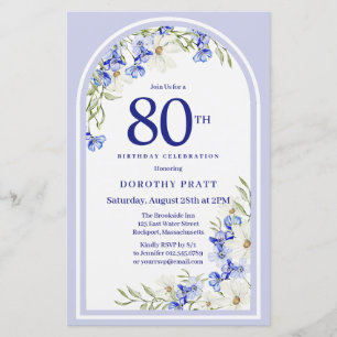 Lámina Invitación de cumpleaños 80 a la Floral azul blanc