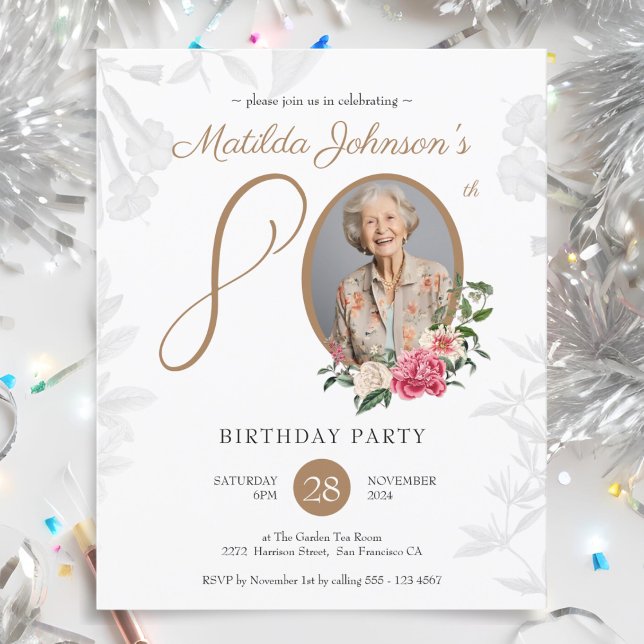 Lámina Invitación de cumpleaños 80 con diseño floral econ (Budget Floral 80th Birthday Party Invitation)