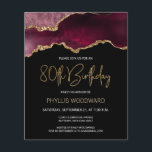 Lámina Invitación de cumpleaños 80 de Budget Burgundy Aga<br><div class="desc">Esta moderna invitación para los años 80 presenta una acuarela de agate gede tonos burdeos con detalles de oro falsos. Las palabras "Cumpleaños 80" aparecen en falso purpurina de oro en letra decorativa moderna de escritura a mano. Personalizar con el nombre del honorario en texto de color dorado y los...</div>