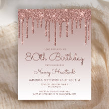 Invitación de cumpleaños 80 glam rosa oro Presupue