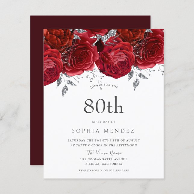 Lámina Invitación de cumpleaños 80 roses rojos románticos (Anverso / Reverso)
