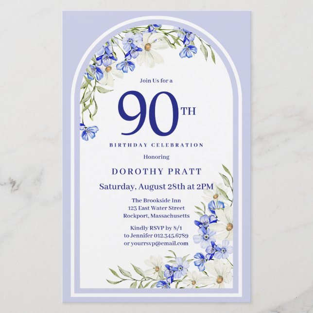 Lámina Invitación de cumpleaños 90 a la Floral Azul Blanc (Anverso)
