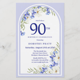 Lámina Invitación de cumpleaños 90 a la Floral Azul Blanc